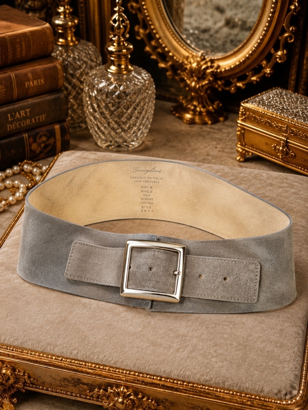 GARUGALIERI Italian Gray Genuine Leather Wide Waist Belt Made in Italy Size M